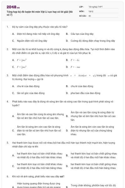 Tổng hợp bộ đề luyện thi môn Vật Lí cực hay có lời giải (Đề số 7)