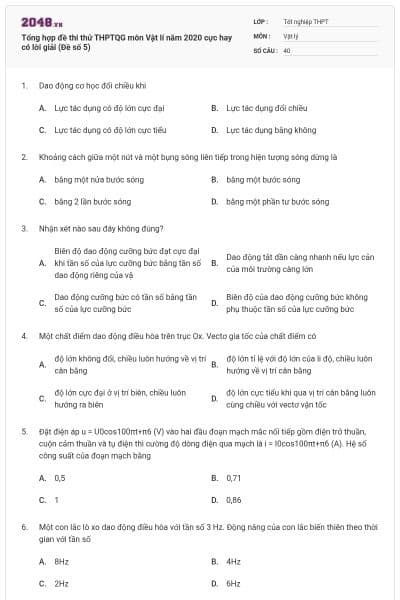 Tổng hợp đề thi thử THPTQG môn Vật lí năm 2020 cực hay có lời giải (Đề số 5)
