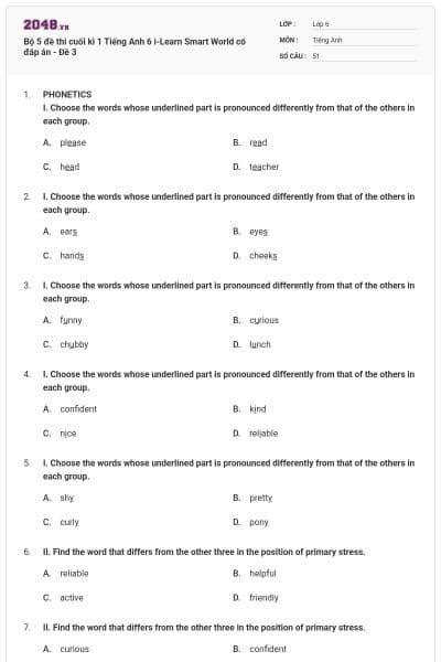 Bộ 5 đề thi cuối kì 1 Tiếng Anh 6 i-Learn Smart World có đáp án - Đề 3