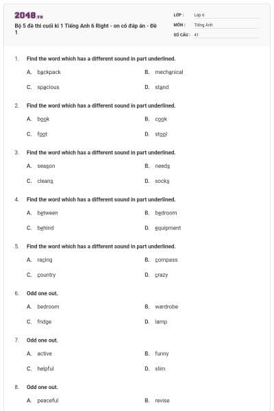 Bộ 5 đề thi cuối kì 1 Tiếng Anh 6 Right - on có đáp án - Đề 1