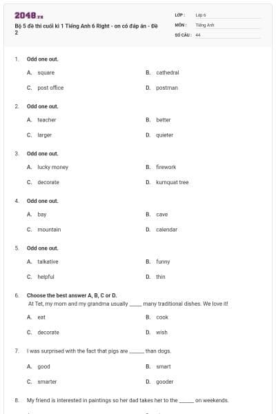 Bộ 5 đề thi cuối kì 1 Tiếng Anh 6 Right - on có đáp án - Đề 2
