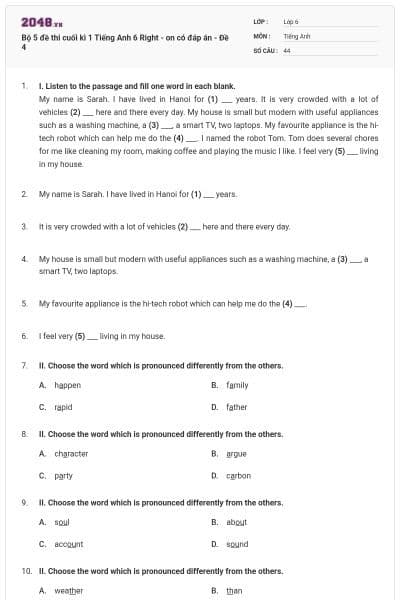 Bộ 5 đề thi cuối kì 1 Tiếng Anh 6 Right - on có đáp án - Đề 4
