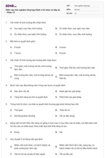500+ câu trắc nghiệm tổng hợp Hành vi tổ chức có đáp án - Phần 12