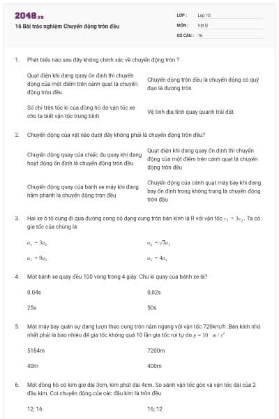 16 Bài trắc nghiệm Chuyển động tròn đều