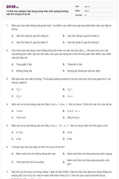16 Bài trắc nghiệm Vận dụng công thức tính quãng đường, vận tốc trong rơi tự do