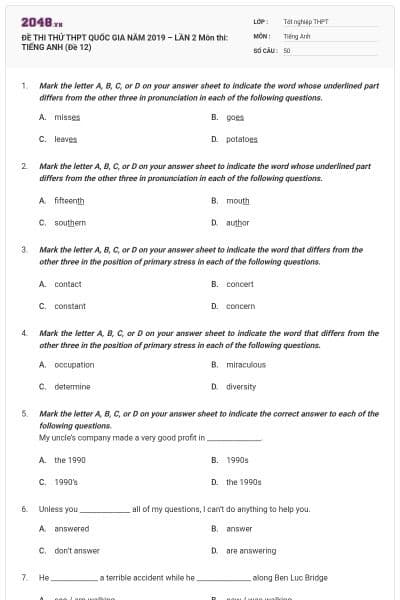 ĐỀ THI THỬ THPT QUỐC GIA NĂM 2019 – LẦN 2 Môn thi: TIẾNG ANH (Đề 12)