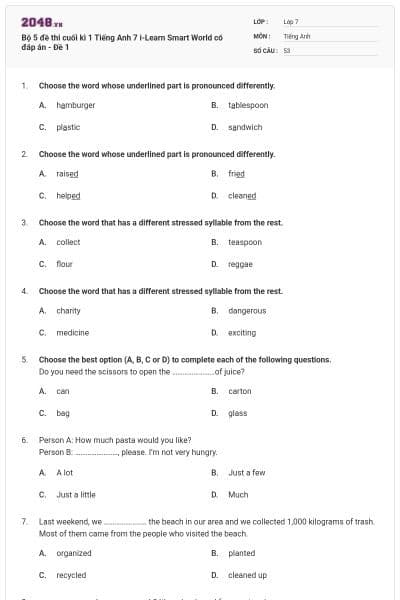 Bộ 5 đề thi cuối kì 1 Tiếng Anh 7 i-Learn Smart World có đáp án - Đề 1