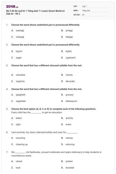 Bộ 5 đề thi cuối kì 1 Tiếng Anh 7 i-Learn Smart World có đáp án - Đề 2