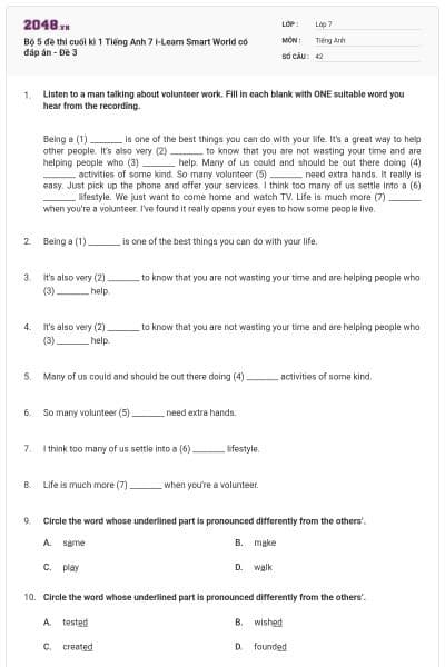 Bộ 5 đề thi cuối kì 1 Tiếng Anh 7 i-Learn Smart World có đáp án - Đề 3
