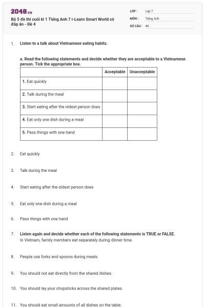 Bộ 5 đề thi cuối kì 1 Tiếng Anh 7 i-Learn Smart World có đáp án - Đề 4