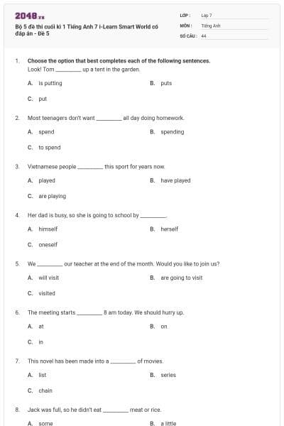 Bộ 5 đề thi cuối kì 1 Tiếng Anh 7 i-Learn Smart World có đáp án - Đề 5