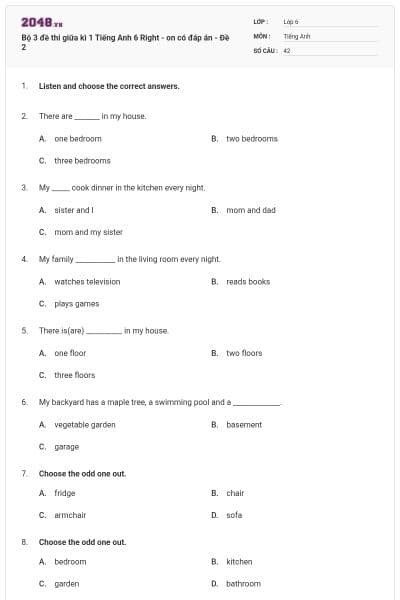Bộ 3 đề thi giữa kì 1 Tiếng Anh 6 Right - on có đáp án - Đề 2