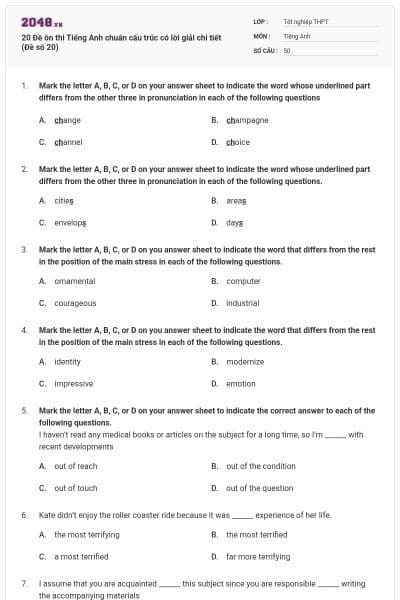 20 Đề ôn thi Tiếng Anh chuẩn cấu trúc có lời giải chi tiết (Đề số 20)