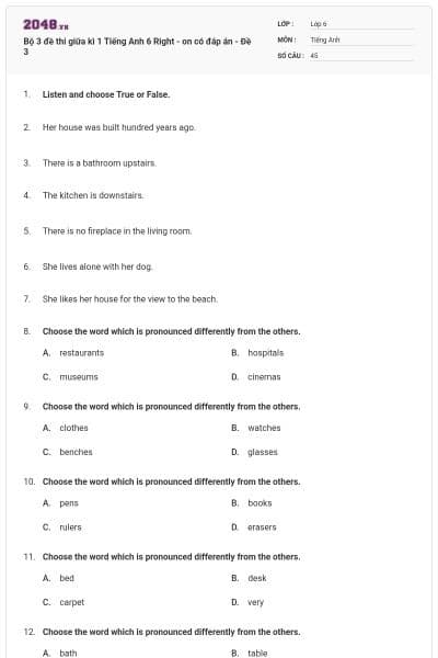 Bộ 3 đề thi giữa kì 1 Tiếng Anh 6 Right - on có đáp án - Đề 3