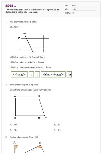 15 câu trắc nghiệm Toán 4 Thực hành và trải nghiệm vẽ hai đường thẳng vuông góc (có đáp án)