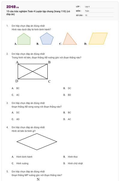 15 câu trắc nghiệm Toán 4 Luyện tập chung (trang 110) (có đáp án)