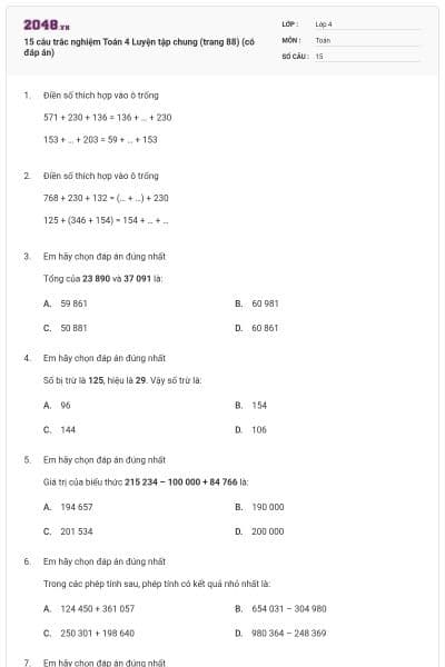 15 câu trắc nghiệm Toán 4 Luyện tập chung (trang 88) (có đáp án)