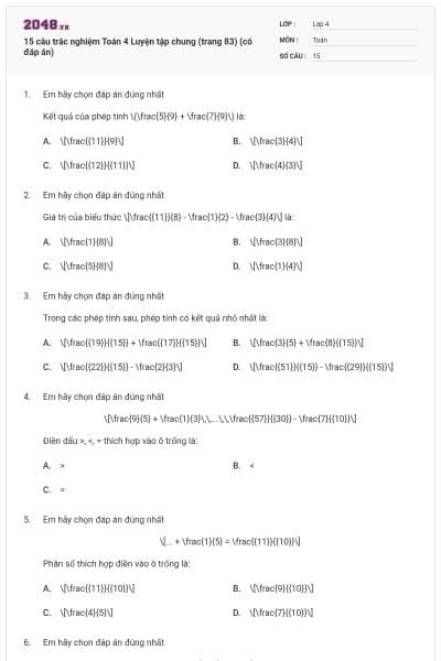 15 câu trắc nghiệm Toán 4 Luyện tập chung (trang 83) (có đáp án)