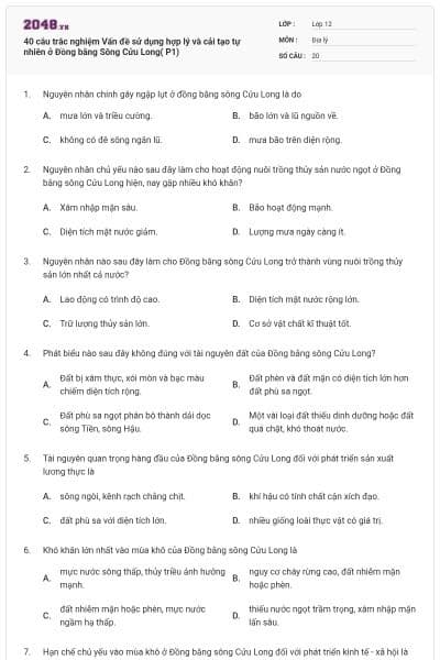40 câu trắc nghiệm Vấn đề sử dụng hợp lý và cải tạo tự nhiên ở Đồng bằng Sông Cửu Long( P1)