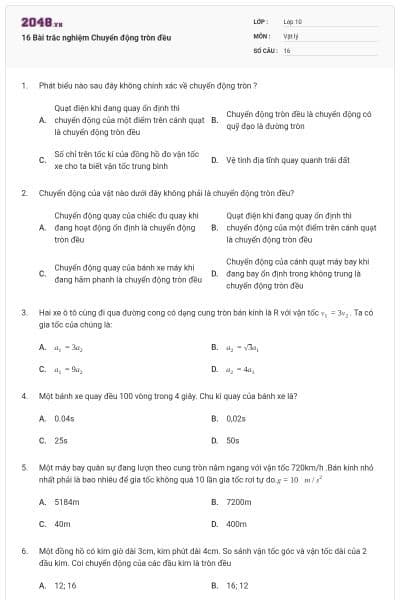 16 Bài trắc nghiệm Chuyển động tròn đều