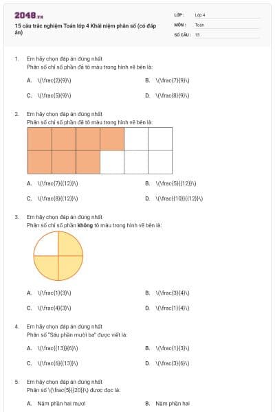 15 câu trắc nghiệm Toán lớp 4 Khái niệm phân số (có đáp án)