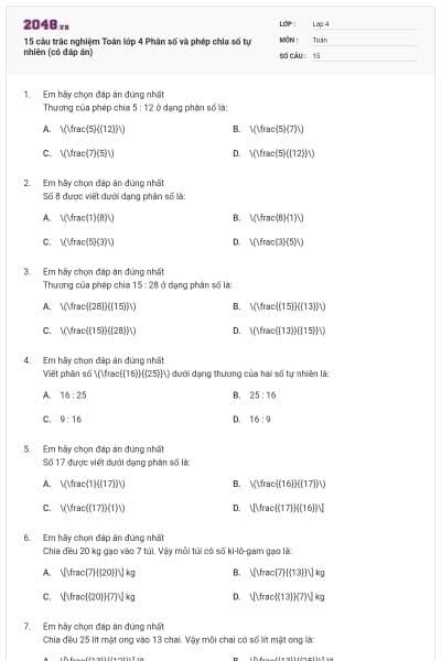 15 câu trắc nghiệm Toán lớp 4 Phân số và phép chia số tự nhiên (có đáp án)