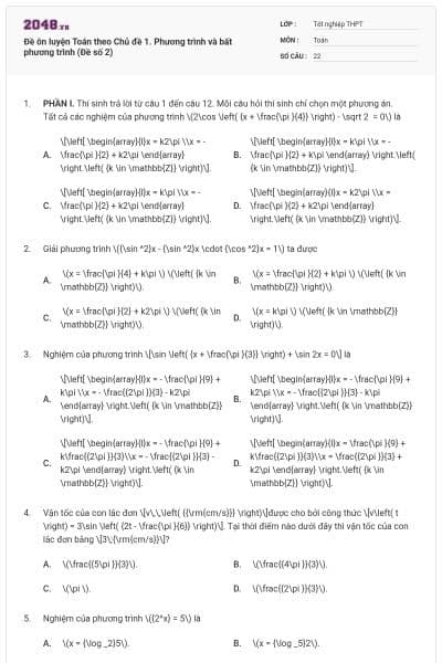 Đề ôn luyện Toán theo Chủ đề 1. Phương trình và bất phương trình (Đề số 2)