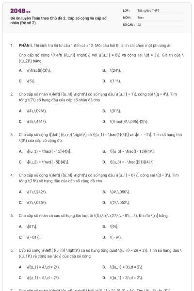 Đề ôn luyện Toán theo Chủ đề 2. Cấp số cộng và cấp số nhân (Đề số 2)