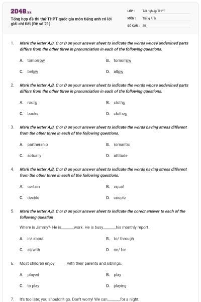 Tổng hợp đề thi thử THPT quốc gia môn tiếng anh có lời giải chi tiết (Đề số 21)