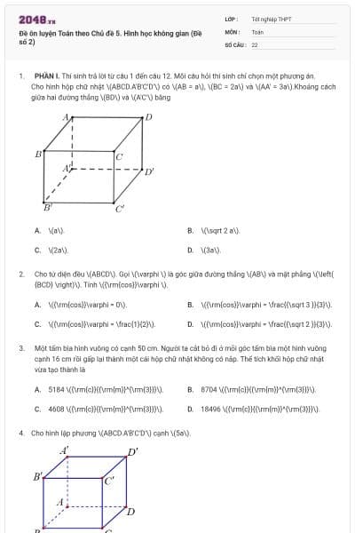 Đề ôn luyện Toán theo Chủ đề 5. Hình học không gian (Đề số 2)