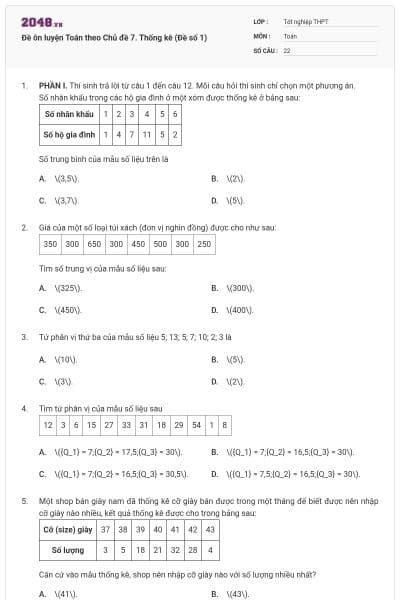 Đề ôn luyện Toán theo Chủ đề 7. Thống kê (Đề số 1)