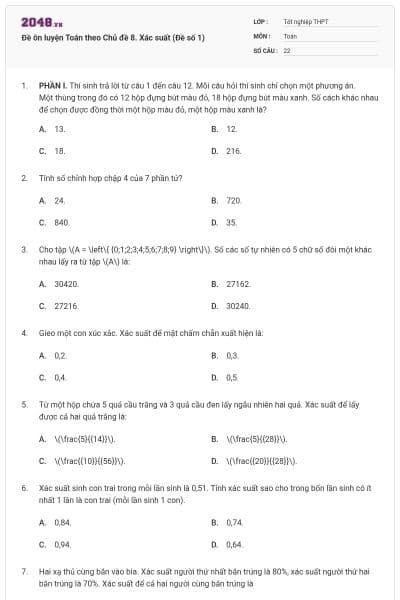 Đề ôn luyện Toán theo Chủ đề 8. Xác suất (Đề số 1)
