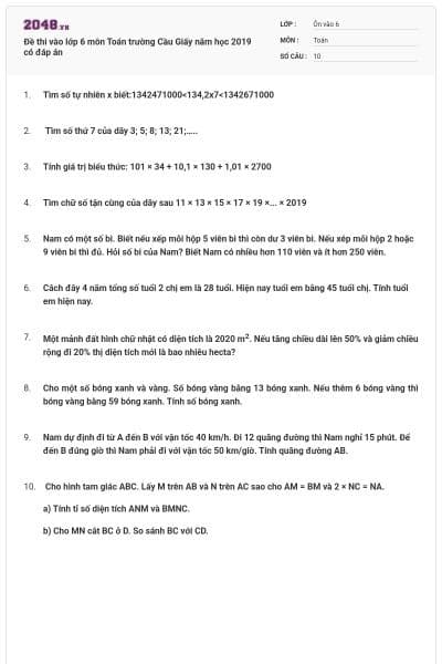 Đề thi vào lớp 6 môn Toán trường Cầu Giấy năm học 2019 có đáp án