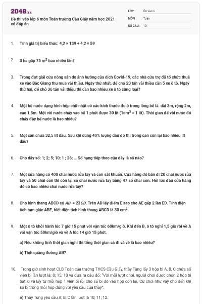 Đề thi vào lớp 6 môn Toán trường Cầu Giấy năm học 2021 có đáp án