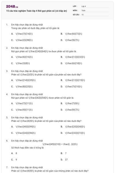 15 câu trắc nghiệm Toán lớp 4 Rút gọn phân số (có đáp án)