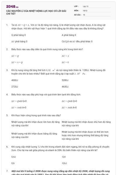 CÁC NGUYÊN LÍ CỦA NHIỆT ĐỘNG LỰC HỌC CÓ LỜI GIẢI CHI TIẾT
