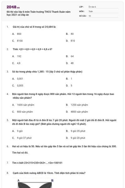 Đề thi vào lớp 6 môn Toán trường THCS Thanh Xuân năm học 2021 có đáp án