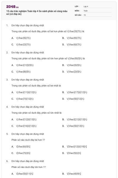 15 câu trắc nghiệm Toán lớp 4 So sánh phân số cùng mẫu số (có đáp án)
