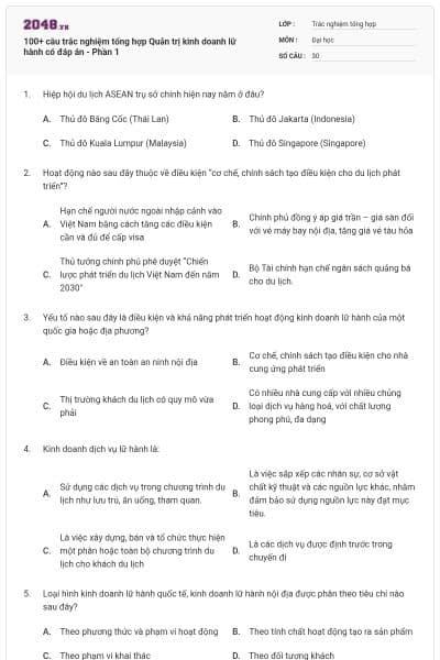 100+ câu trắc nghiệm tổng hợp Quản trị kinh doanh lữ hành có đáp án - Phần 1