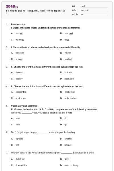 Bộ 3 đề thi giữa kì 1 Tiếng Anh 7 Right - on có đáp án - Đề 1