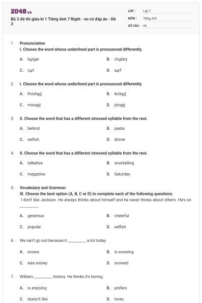 Bộ 3 đề thi giữa kì 1 Tiếng Anh 7 Right - on có đáp án - Đề 3