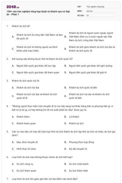 100+ câu trắc nghiệm tổng hợp Quản trị khách sạn có đáp án - Phần 1