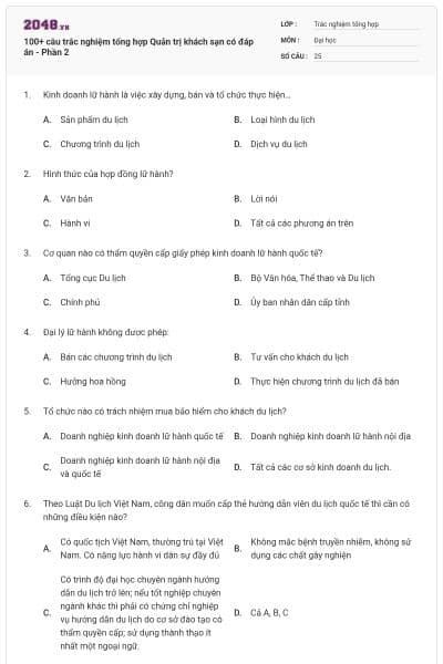 100+ câu trắc nghiệm tổng hợp Quản trị khách sạn có đáp án - Phần 2