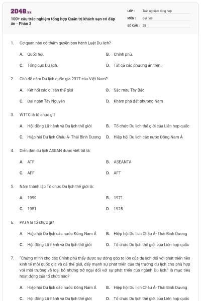 100+ câu trắc nghiệm tổng hợp Quản trị khách sạn có đáp án - Phần 3