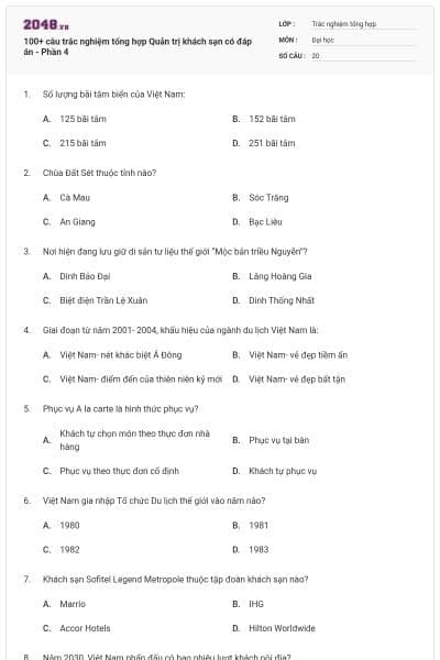 100+ câu trắc nghiệm tổng hợp Quản trị khách sạn có đáp án - Phần 4