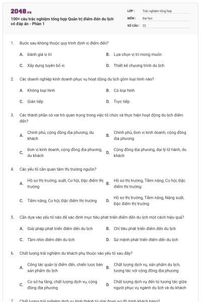 100+ câu trắc nghiệm tổng hợp Quản trị điểm đến du lịch có đáp án - Phần 1