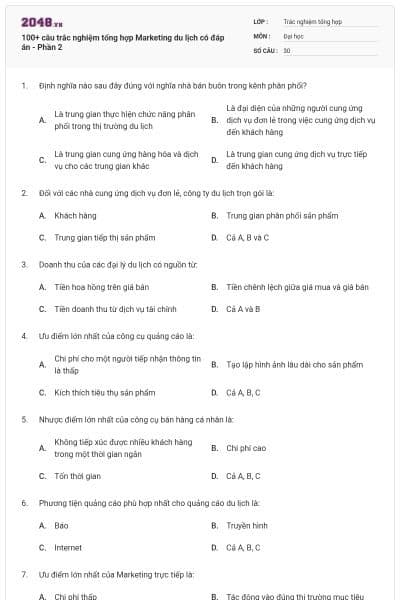 100+ câu trắc nghiệm tổng hợp Marketing du lịch có đáp án - Phần 2