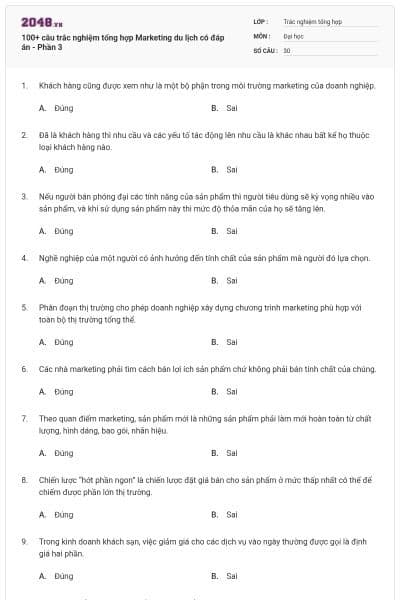 100+ câu trắc nghiệm tổng hợp Marketing du lịch có đáp án - Phần 3