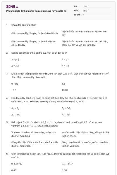 Phương pháp Tính điện trở của sợi dây cực hay có đáp án