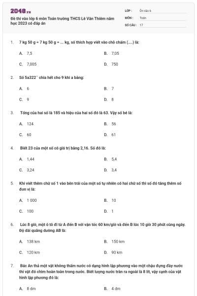 Đề thi vào lớp 6 môn Toán trường THCS Lê Văn Thiêm năm học 2023 có đáp án